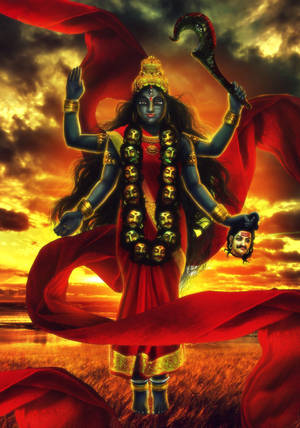 Maa Kali With Red Ribbon Orange Sky Wallpaper