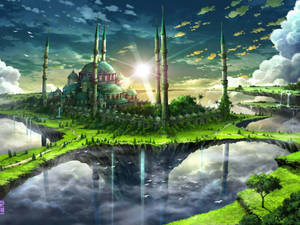 Magnificent Green Temple On A Floating Island In The Sky Wallpaper