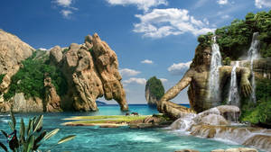 Majestic Elephant Rock And Waterfall In Full Hd Wallpaper