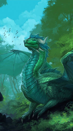 Majestic Green Dragon In Forest Wallpaper