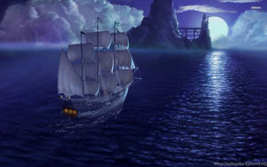 Majestic Pirate Ship Sailing Against Sunset. Wallpaper