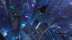 Making A Daring Entrance - Spiderman Takes To The Sky In Spider Verse Wallpaper