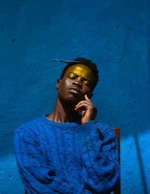 Male Pose Blue Knitted Sweater Wallpaper