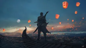 Man Appreciating The Beauty Of The Sky Lanterns Wallpaper