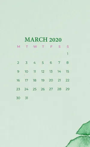 March Calendar In Green Shade Wallpaper