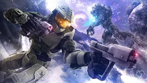 Master Chief Dual Handgun Battle Wallpaper