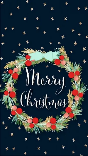 Merry Christmas Card With A Wreath And Stars Wallpaper