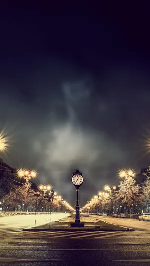 Midnight Clock Street Lights Wallpaper
