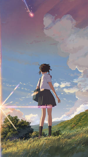 Mitsuha, The Heroine Of 'your Name', Admiring The Beautiful Field At Sunset Wallpaper