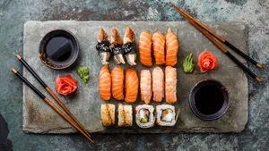 Mixed Seafood Sashimi Serving On Stone Board Wallpaper