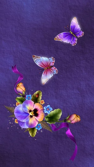 Monkey Flower And Purple Butterfly Phone Wallpaper