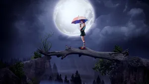 Moon 4k Woman On Log With Umbrella Wallpaper