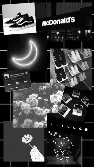 Moon And Flowers Black Collage Wallpaper