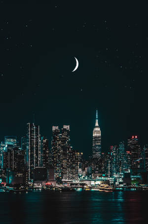 Moon And New York Night Iphone Wallpaper