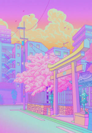 Morning Shrine Visit In Pastel Japanese Aesthetic Wallpaper