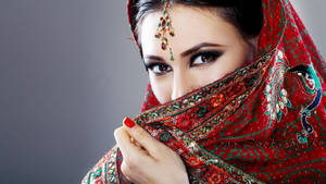 Mystical Gaze - Indian Girl Wrapped In Red Wallpaper