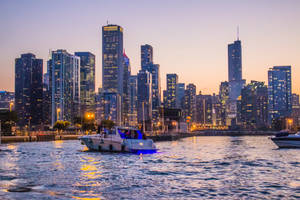 Navy Pier Blue Boat Chicago Skyline Wallpaper