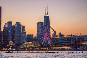 Navy Pier Sunset Barrier Water Wallpaper