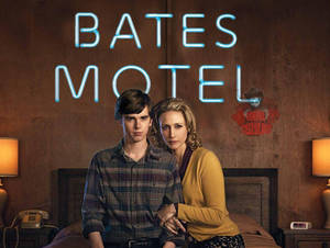 Neon Blue Bates Motel Signage With Norma And Norman Wallpaper