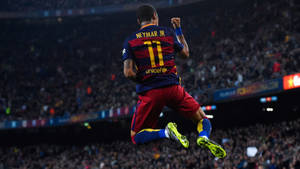 Neymar 4k Jumping In Triumph Wallpaper