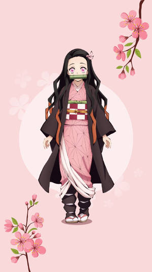 Nezuko Phone Pink Flowers Wallpaper