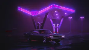 Nighttime Elegance: Glossy Black Car Under Neon Purple Gas Station Lights Wallpaper