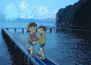 Nobita Shizuka Love Story Near Water Wallpaper