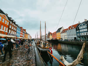 Nyhavn Port Walking View Rainy Day Wallpaper