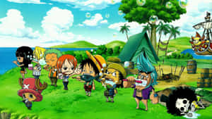 One Piece Chibi Straw Hat Pirates Brushing Teeth Wallpaper
