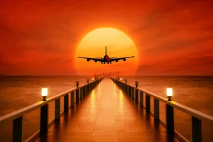 Orange Big Sunset Plane Background Wallpaper