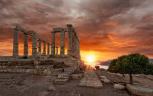 Orange Sunset Cloudy Sky Sounion Wallpaper