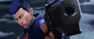 Overwatch - A Character With Blue Hair Holding A Gun Wallpaper