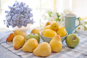 Pear Fruits Blue Flower Bouquet Wallpaper