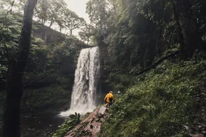 Person Walking Beside Waterfalls Surrounded By Trees Wallpaper