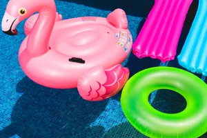 Pink Inflatable Flamingo And Green Inflatable Ring Wallpaper