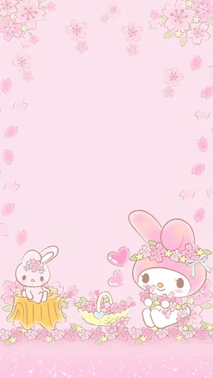 Pink Kawaii My Melody With Flowers Wallpaper