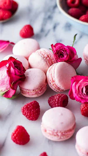 Pink Macarons And Roses Dessert Iphone Wallpaper