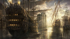 Pirate Ships Sailing Into Port Wallpaper