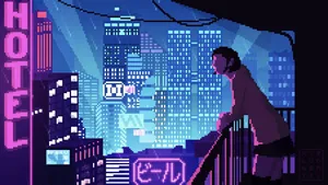 Pixel Art Girl Overlooking City Wallpaper