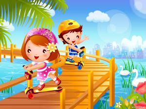 Playing Children At Pier Cartoon Art Wallpaper