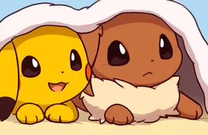 Pokéfriends Pikachu And Eevee Cuddle In A Field Of Grass. Wallpaper