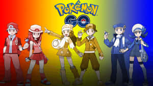 Pokemon Go Characters Standing In Front Of A Rainbow Background Wallpaper