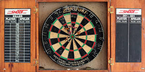 Precision At Play - Wooden Dartboard Cabinet With Darts Scoreboard Wallpaper