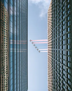 Preview Wallpaper Airplane, Colored Smoke, Building Wallpaper