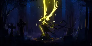 Preview Wallpaper Angel, Wings, Art, Sword, Dark, Yellow Wallpaper