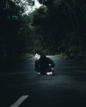 Preview Wallpaper Anonymous, Man, Mask, Road, Forest Wallpaper