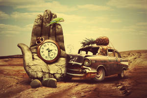 Preview Wallpaper Creative, Hand, Surrealism, Car, Clock, Pineapple, Cat Wallpaper