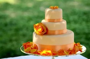 Preview Wallpaper Food, Dessert, Sweet, Delicious, Cake, Big, Orange, Ribbon, Flower, Rose, Yellow, Petals Wallpaper