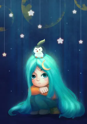 Preview Wallpaper Girl, Sadness, Art, Bird, Stars Wallpaper