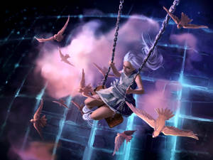 Preview Wallpaper Girl, Swings, Birds, Art Wallpaper